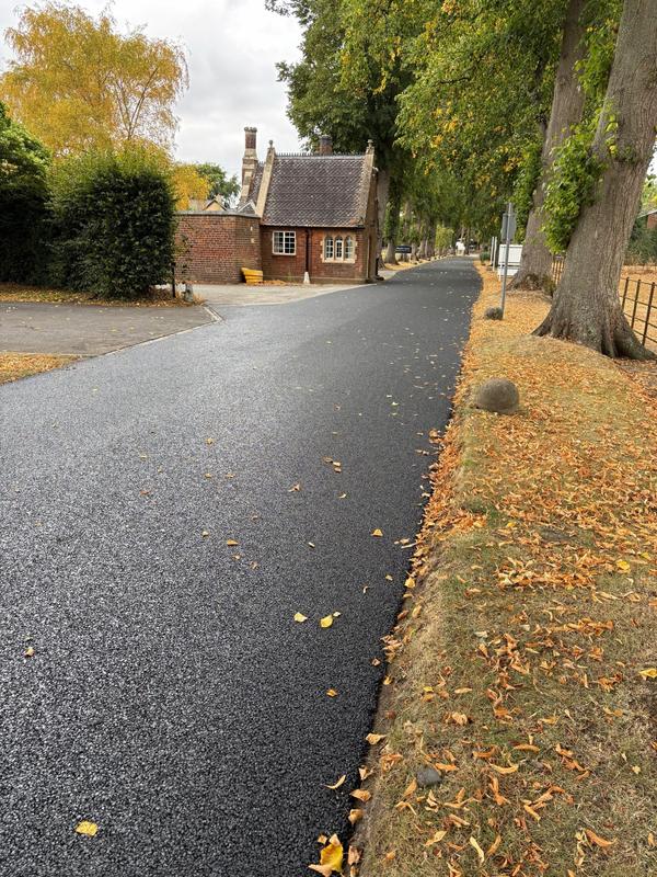 Long tarmac access road through mature trees
