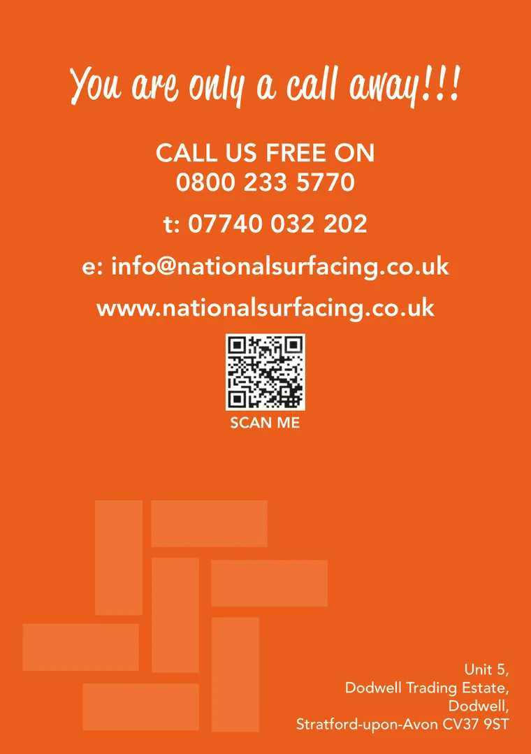Back cover of the National Surfacing brochure with our freephone number 0800 233 5770, email and Stratford-upon-Avon address