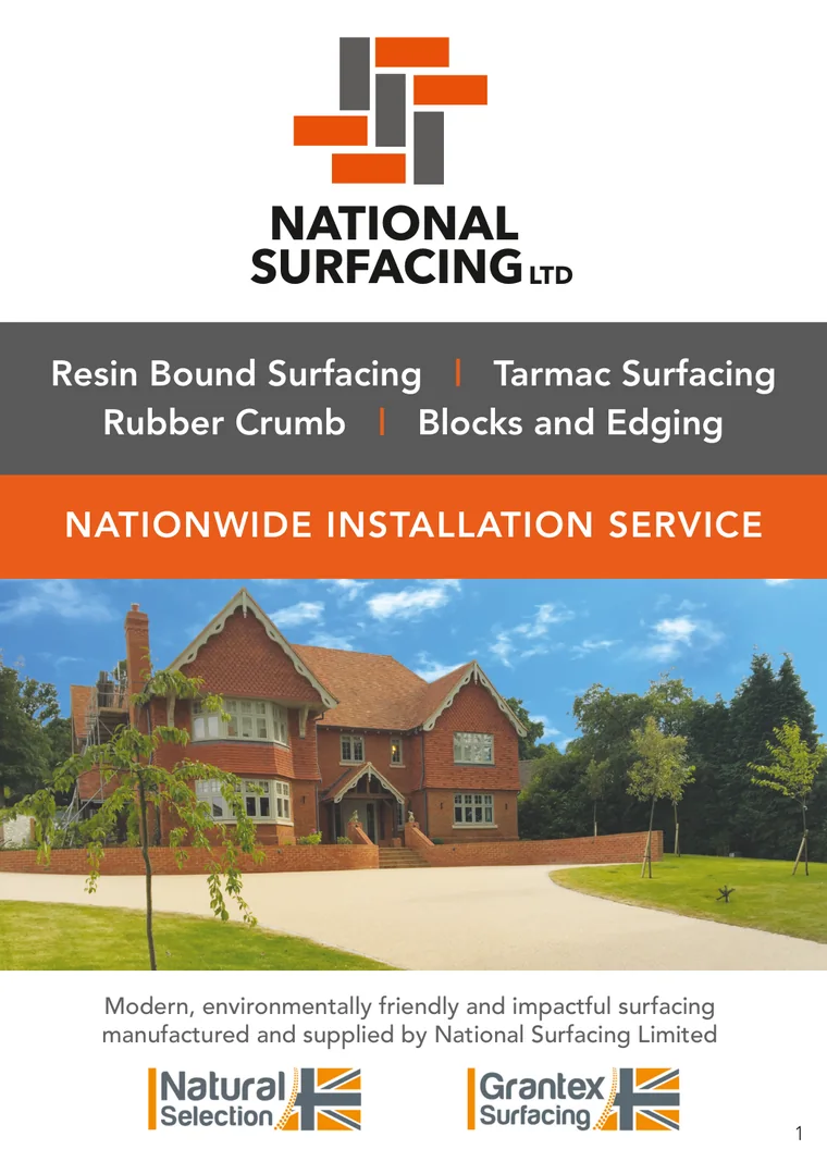 Front cover of the National Surfacing brochure: resin bound surfacing, tarmac, rubber crumb, blocks and edging, with a nationwide installation service